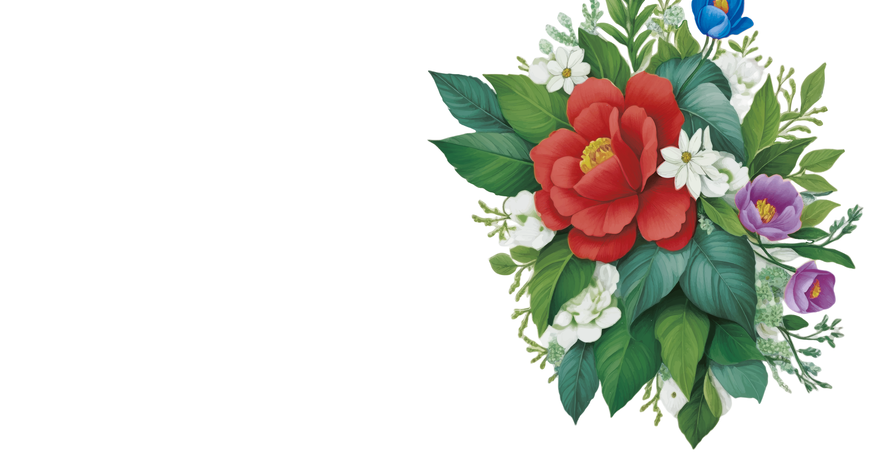 Colorful floral arrangement with red, white, and purple flowers on a white background
